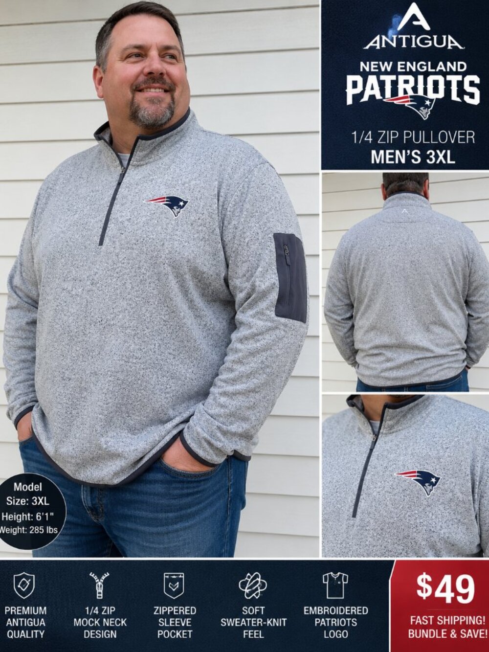 New England Patriots Antigua Fortune 1/4 Zip Pullover Men 3XL Grey NFL